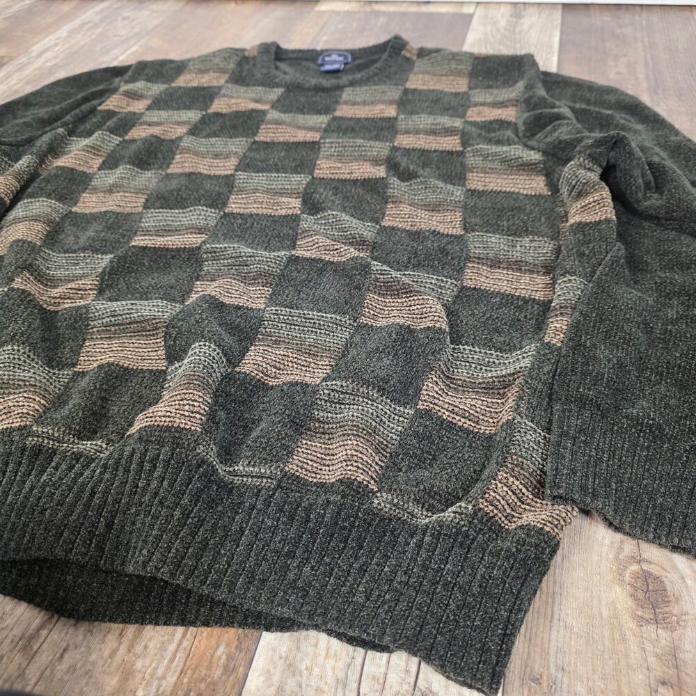 Vintage Grandpa Sweater Checkered Crewneck Knit XXL 90s Dad Green Brown Chenille